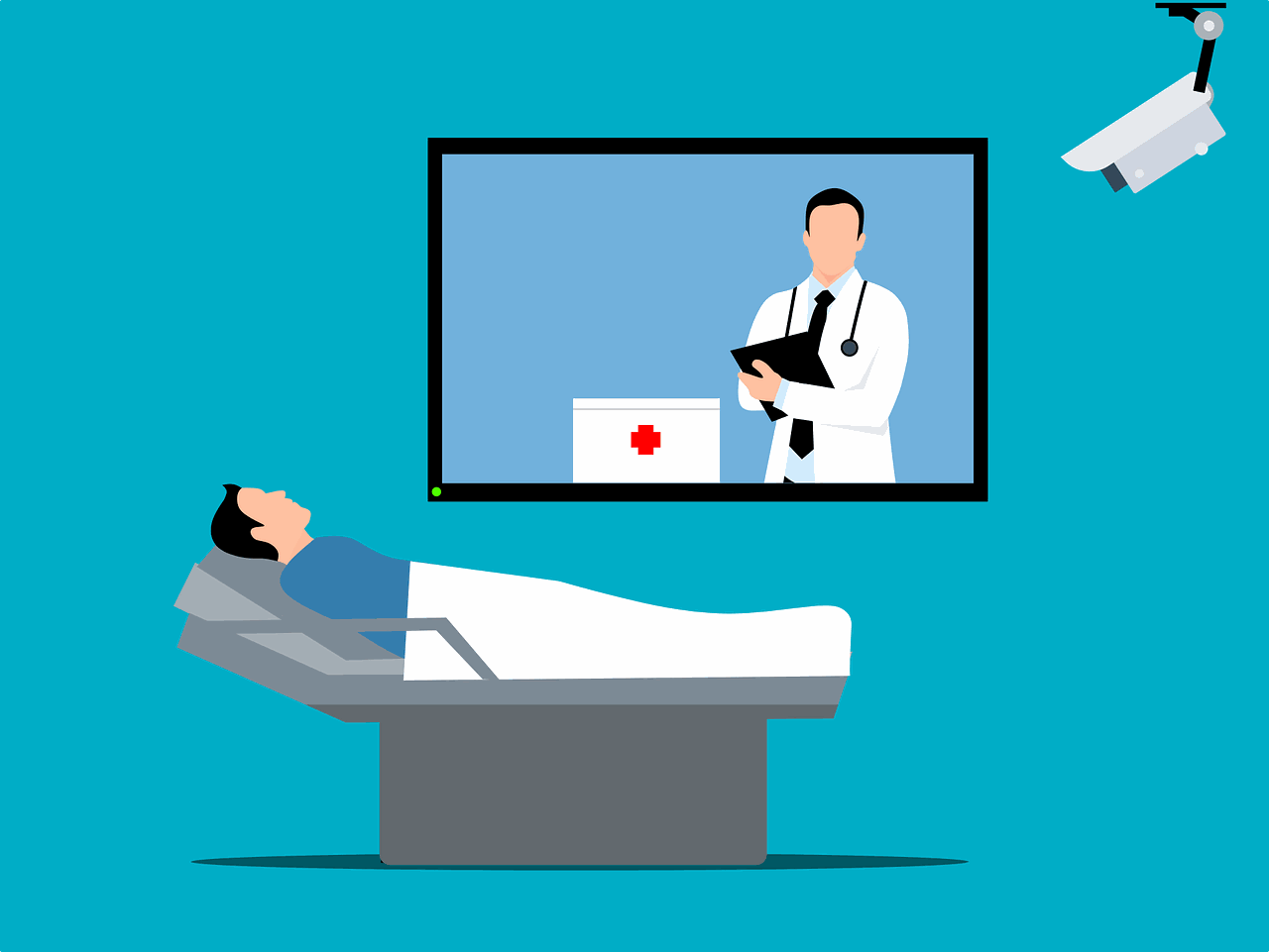 An illustration of a doctor on a screen looking at a patient on a stretcher.