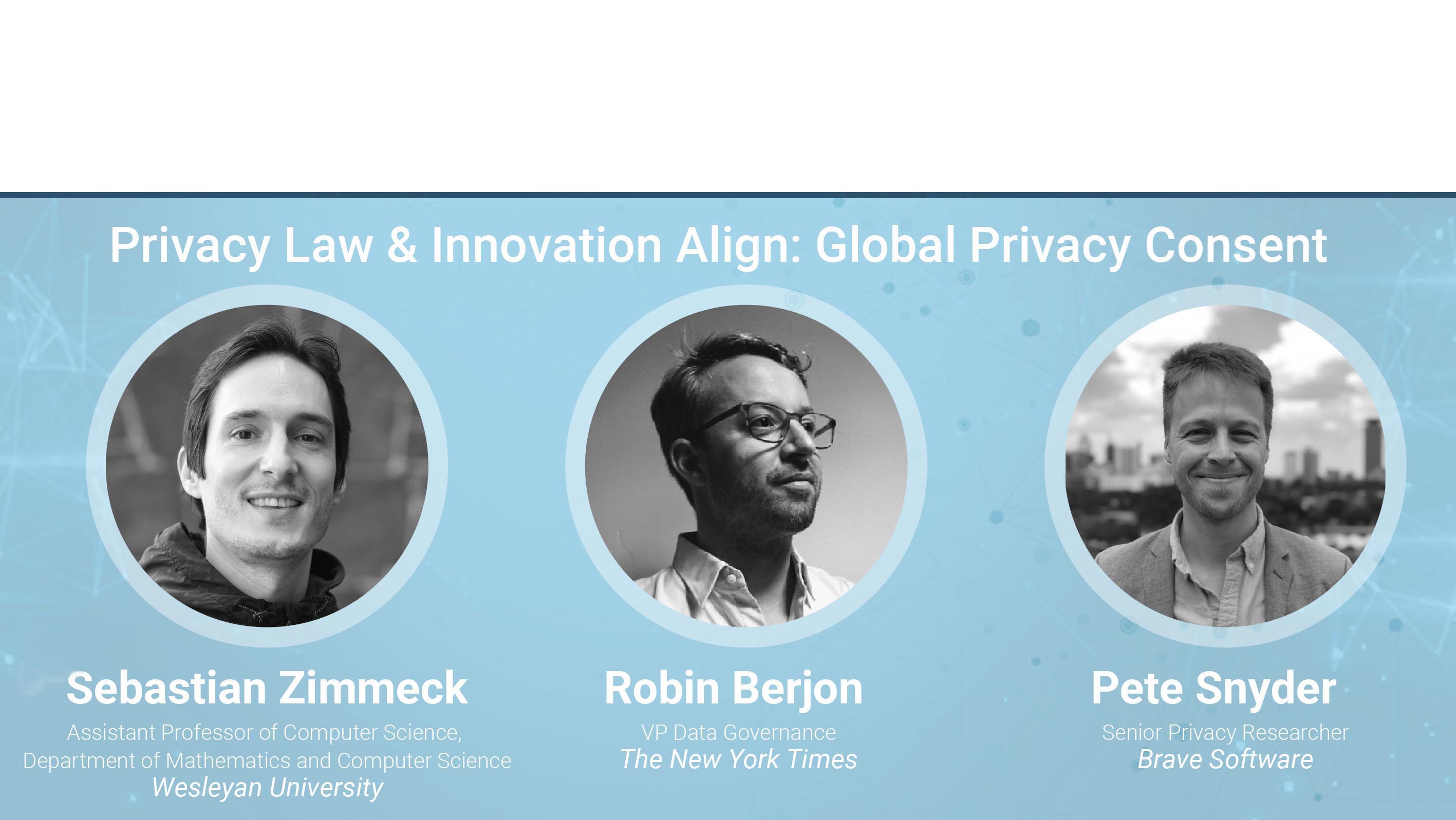 Announcement of Rise of Privacy Tech event showing pictures of Sebastian Zimmeck, Robin Berjon, and Pete Snyder.