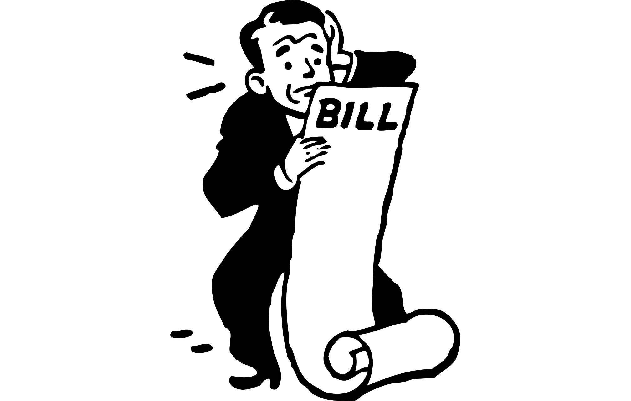 An illustration of a man shocked by a bill he owes.